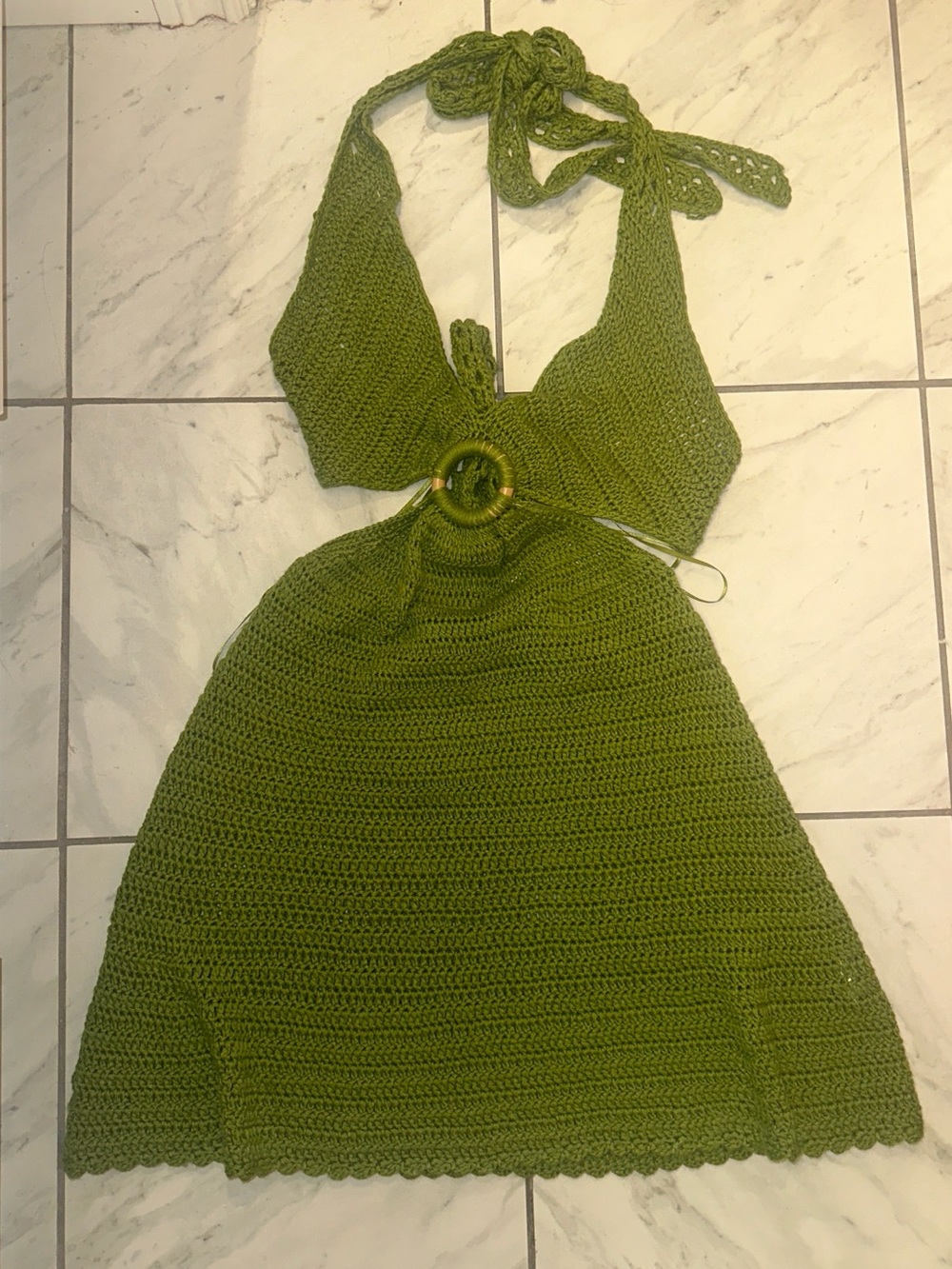 debut Olive Green Crochet Halter Mini Dress